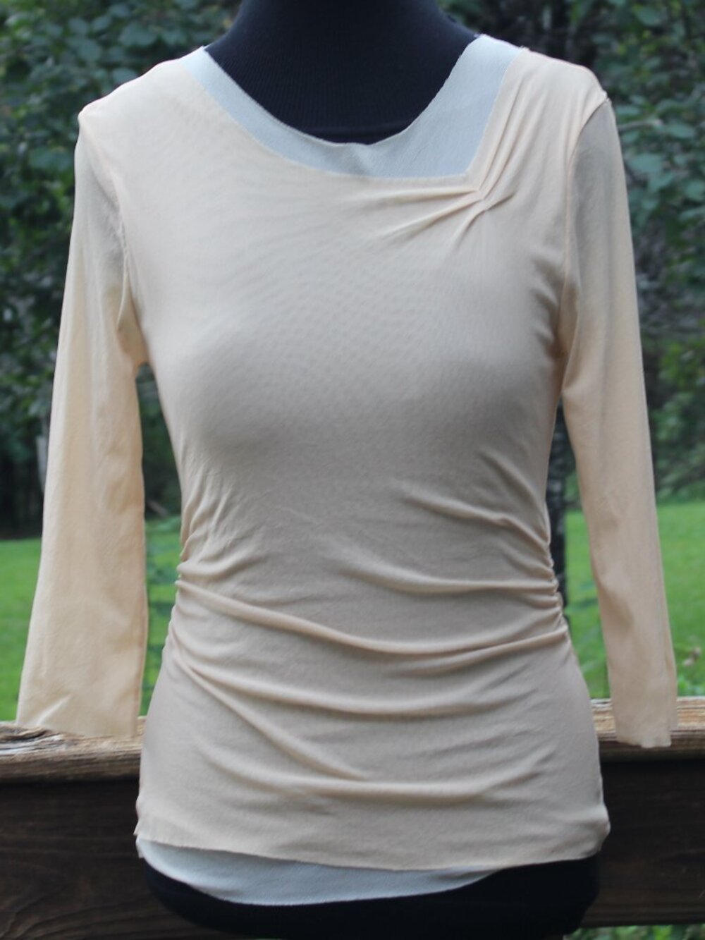 Sheer mesh Top - Nude Fawn - 3/4 sleeves - Ruched sides - Sweet Pea - Sz Lrg-Med
